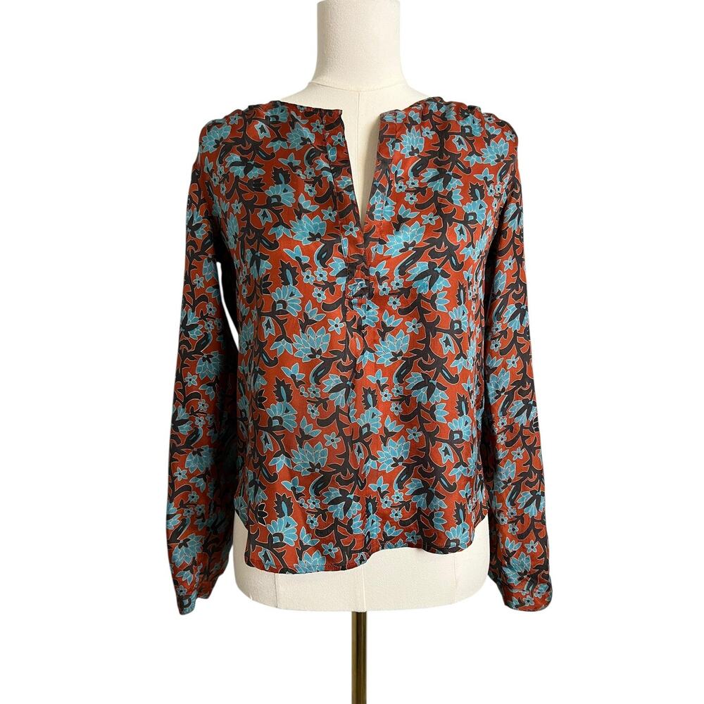 Calypso Christiane Celle Blouse Womens Small Orange Silk Floral V Neck Top